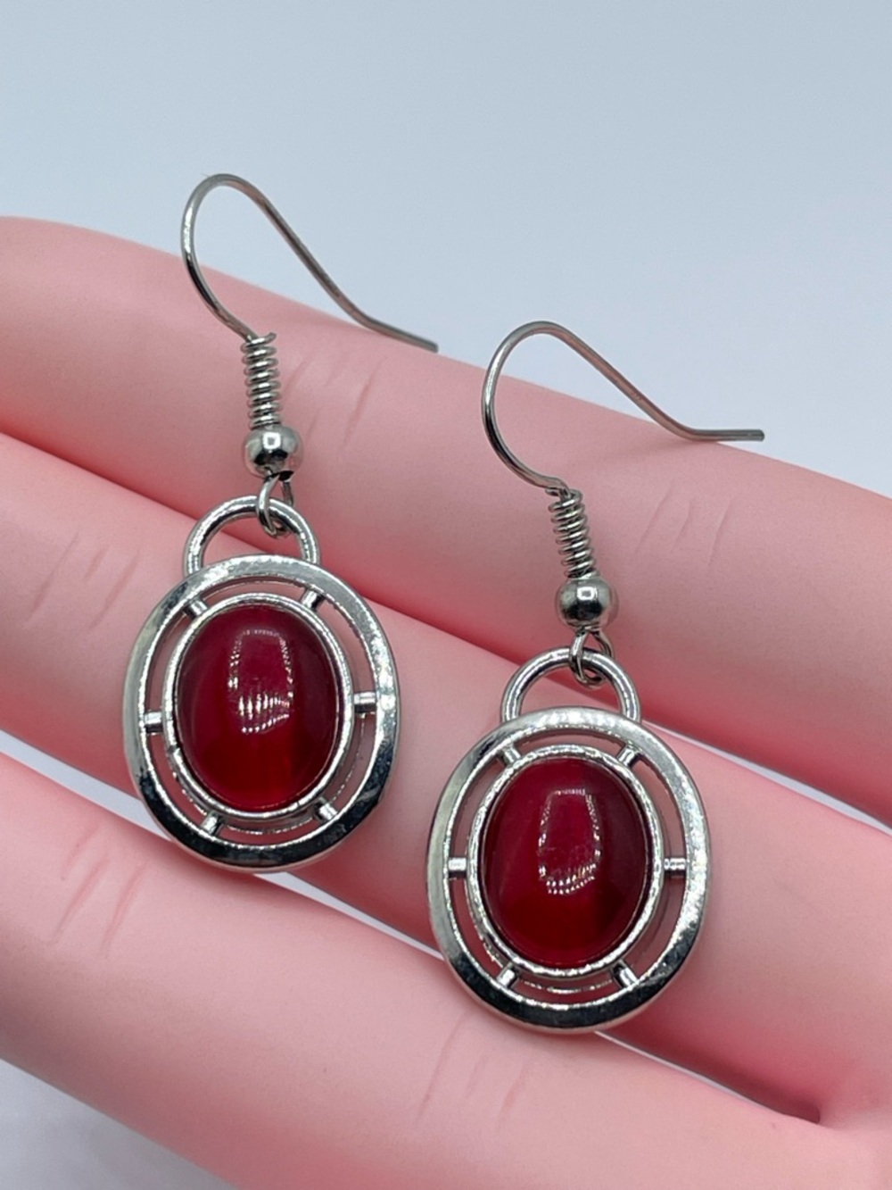 Silver Tone Red Cat Eye Dangle Earrings Oval Cabochon Minimalist Drop